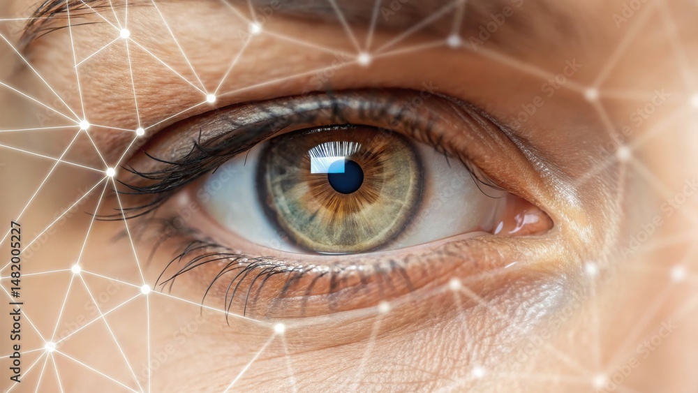 Obraz premium A close-up view of an eye with intricate patterns, symbolizing technology and connectivity, highlighted by a network of lines and dots.