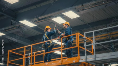 Two construction workers in safety gear collaborating on a high platform in a modern industrial setting