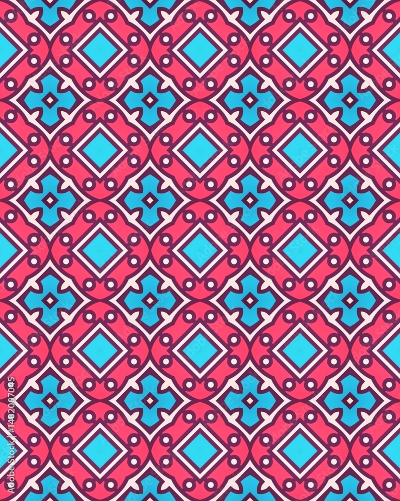 Colorful geometric design with blue and pink motifs in a symmetrical layout, perfect for various uses Colorful geometric design with blue and pink motifs in a symmetrical layout, perfect for various uses