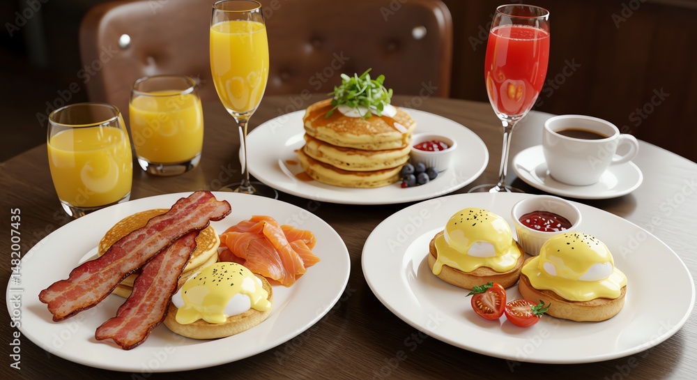 Breakfast Spread with Pancakes Eggs and Beverages on Table Breakfast Spread with Pancakes Eggs and Beverages on Table