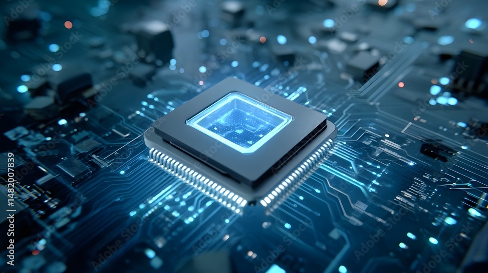 Fototapeta premium Futuristic circuit chip in a holographic data environment