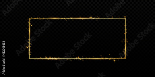 Gold Rectangular Frame with Glitter and Dust Particles. Shiny Golden Border with Sparkles on Transparent Background for Cards, Invitations, Greetings, Advertising Banners, and Decoration