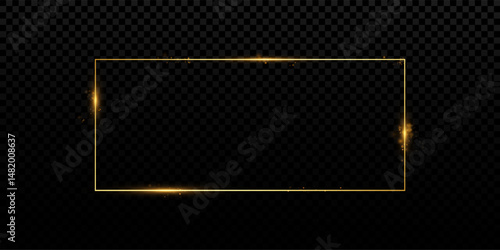 Gold Rectangular Frame with Glitter and Dust Particles. Shiny Golden Border with Sparkles on Transparent Background for Cards, Invitations, Greetings, Advertising Banners, and Decoration