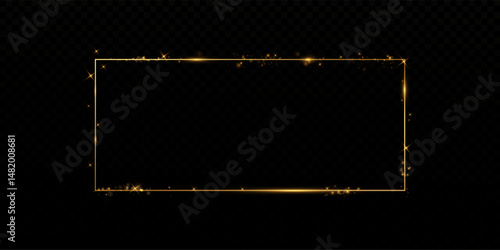 Gold Rectangular Frame with Glitter and Dust Particles. Shiny Golden Border with Sparkles on Transparent Background for Cards, Invitations, Greetings, Advertising Banners, and Decoration