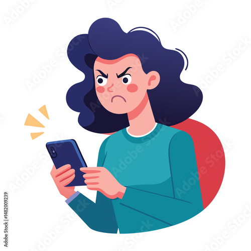 Angry woman online, texting hate comment on mobile phone. Aggressive person with smartphone, chatting in social media, internet conflict. Flat vector illustration isolated on white background 