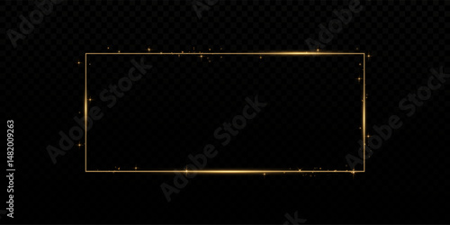 Elegant Gold Rectangle Frame with Dust and Glitter Overlay. Shining Golden Border for Holiday Cards, Blank Invitations, Banners, Luxury Decoration, and Advertising Design on Transparent