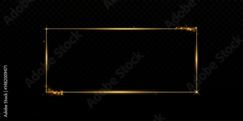 Gold Rectangular Frame with Glitter and Dust Particles. Shiny Golden Border with Sparkles on Transparent Background for Cards, Invitations, Greetings, Advertising Banners, and Decoration