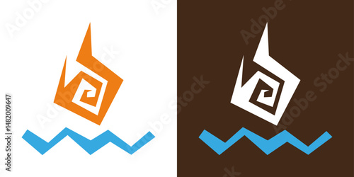 Abstract tribal flame over water logo with inner swirl. Elemental symbol inspired by ancient mural art.