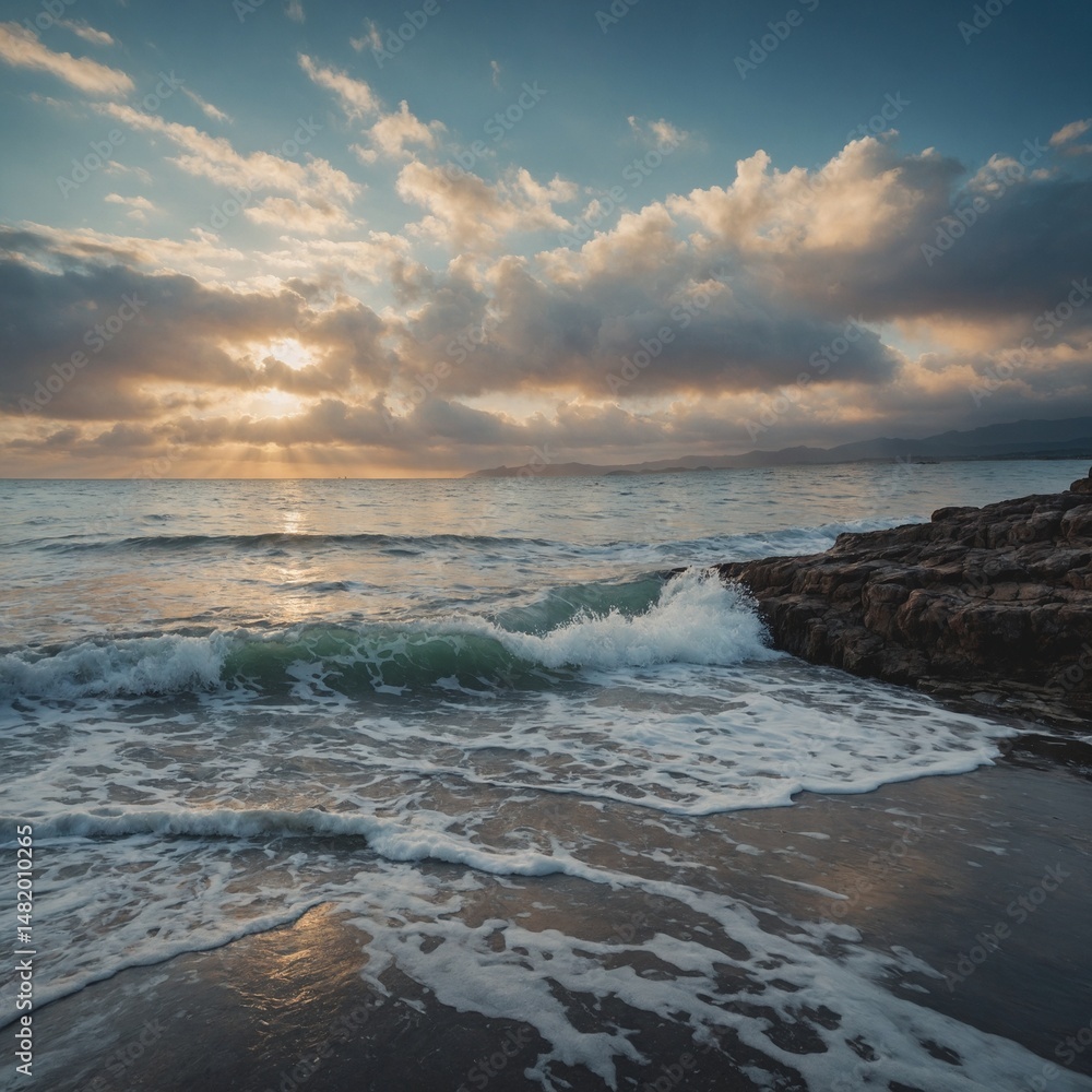 Obraz premium Golden sun dips below the horizon where the sky meets the ocean, painting the beach with warm summer hues as gentle waves kiss the sandy shore
