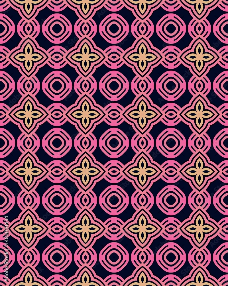 Vibrant geometric pattern showcases interwoven shapes in pink and gold against a deep purple backdrop, creating a lively visual effect Vibrant geometric pattern showcases interwoven shapes in pink and gold against a deep purple backdrop, creating a lively visual effect