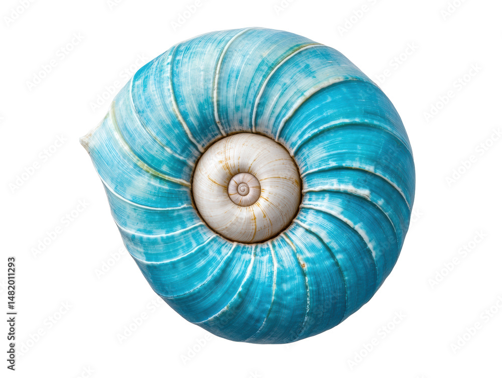 Obraz premium Vibrant turquoise sea shell with intricate spiral design, cut out transparent
