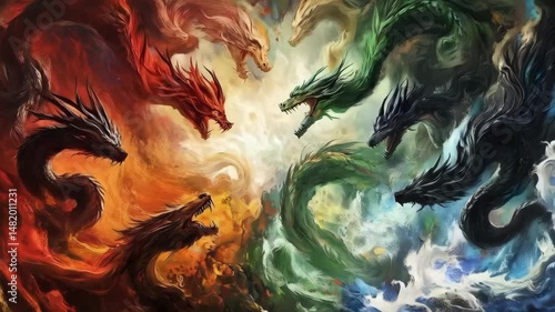 Fantastic colorful dragons art illustration, various elemental dragons, mythical powerful fantasy animals, fantasy themed digital artwork