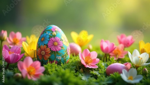 A colorful decorated Easter egg rests on a bed of spring flowers, symbolizing the religious holiday , blue, joyful, pastel