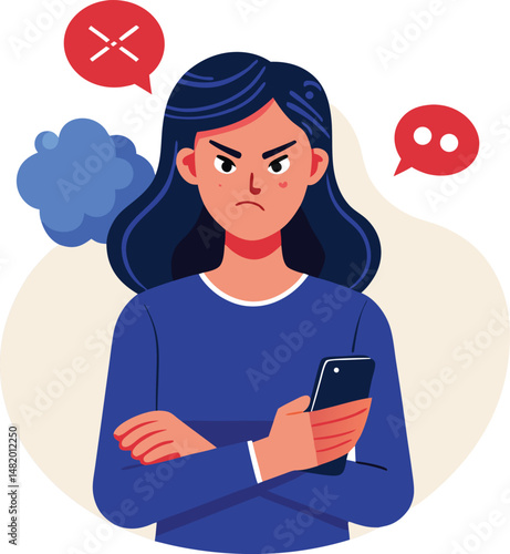Angry woman online, texting hate comment on mobile phone. Aggressive person with smartphone, chatting in social media, internet conflict. Flat vector illustration isolated on white background 