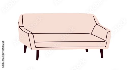 Sofa, comfortable Scandinavian furniture. Cozy comfy couch in modern retro style. Upholstered straight seat design with legs for home living room. Flat vector illustration isolated on white background