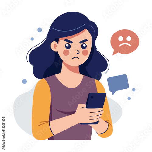 Angry woman online, texting hate comment on mobile phone. Aggressive person with smartphone, chatting in social media, internet conflict. Flat vector illustration isolated on white background 