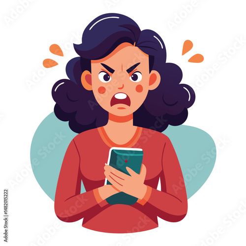 Angry woman online, texting hate comment on mobile phone. Aggressive person with smartphone, chatting in social media, internet conflict. Flat vector illustration isolated on white background 