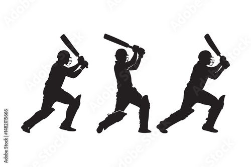 Cricket Player Silhouettes, Vector Set of Batsman Poses in Action.