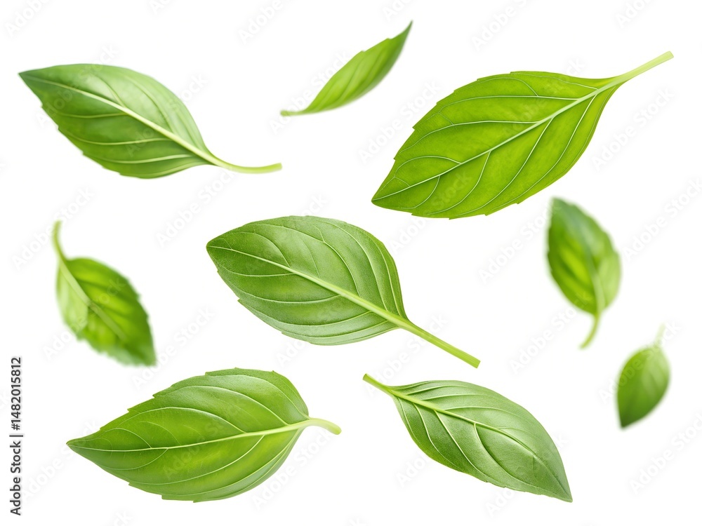 Falling basil leaves isolated on white background. A bunch of green leaves flying through the air. Falling basil leaves isolated on white background. A bunch of green leaves flying through the air.
