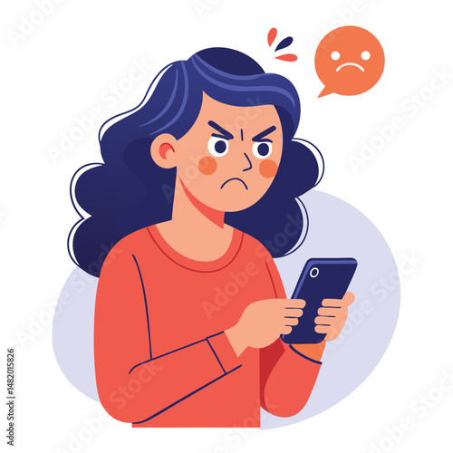 Angry woman online, texting hate comment on mobile phone. Aggressive person with smartphone, chatting in social media, internet conflict. Flat vector illustration isolated on white background 
