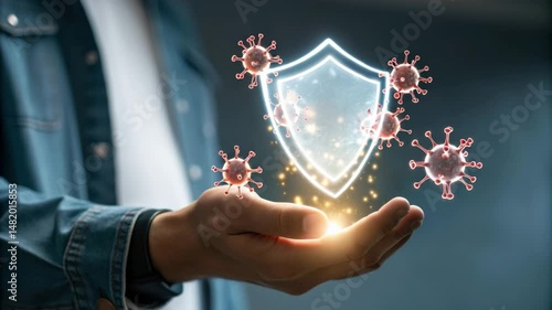 A hand holds a glowing digital shield surrounded by virus particles, symbolizing immunity and protection.