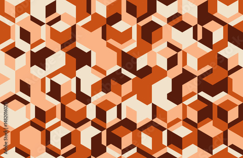 Abstract geometric pattern featuring a dynamic interplay of earthy tones and threedimensional cube shapes.