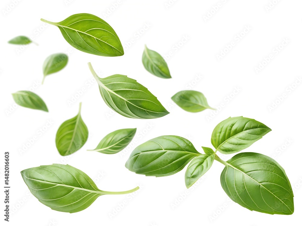 Falling basil leaves isolated on white background. A bunch of green leaves flying through the air. Falling basil leaves isolated on white background. A bunch of green leaves flying through the air.