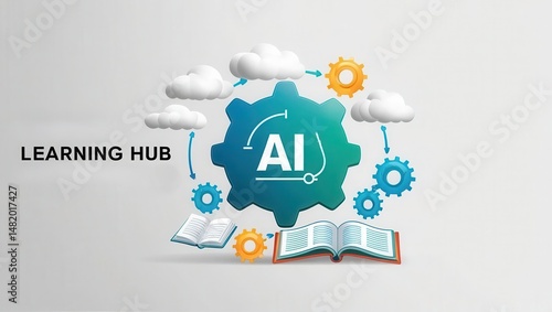 AI learning tools virtual classroom concept. AI-themed learning hub graphic with gears, clouds, open books, and 