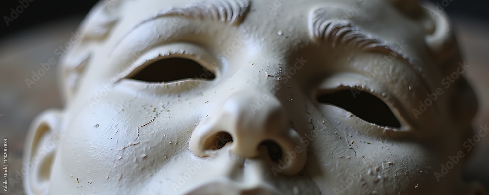 Naklejka premium Classical Theater Masks Displayed on Dark Wooden Background