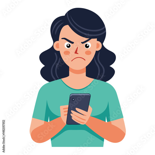 Angry woman online, texting hate comment on mobile phone. Aggressive person with smartphone, chatting in social media, internet conflict. Flat vector illustration isolated on white background 