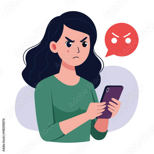 Angry woman online, texting hate comment on mobile phone. Aggressive person with smartphone, chatting in social media, internet conflict. Flat vector illustration isolated on white background 