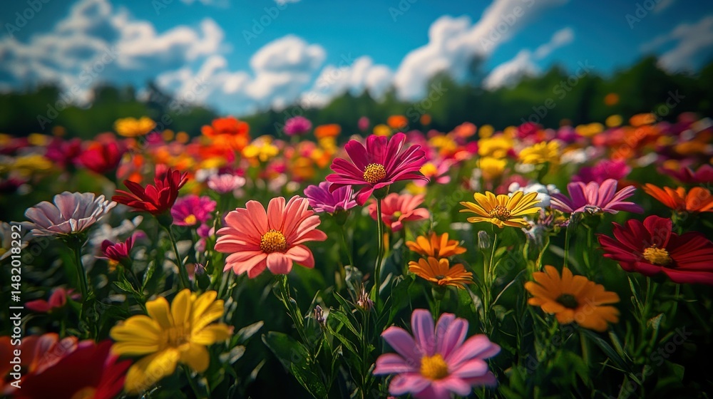 Fototapeta premium Vibrant flower field under a bright sky