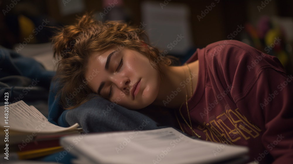 Student falling asleep on textbooks in a dorm room Student falling asleep on textbooks in a dorm room