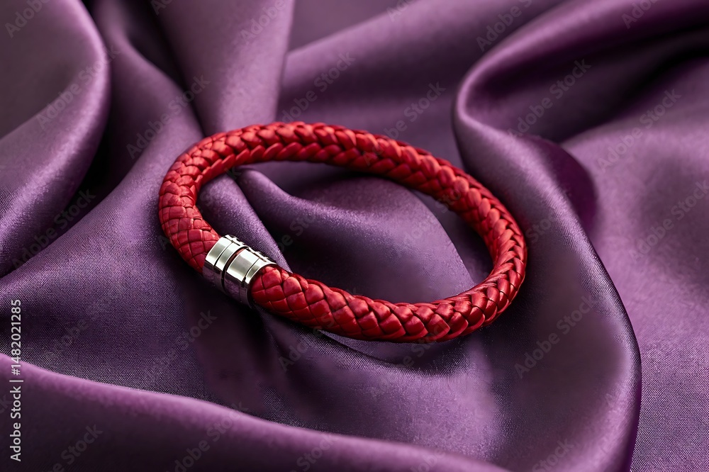 Obraz premium Braided red leather bracelet with silver clasp on purple silk.