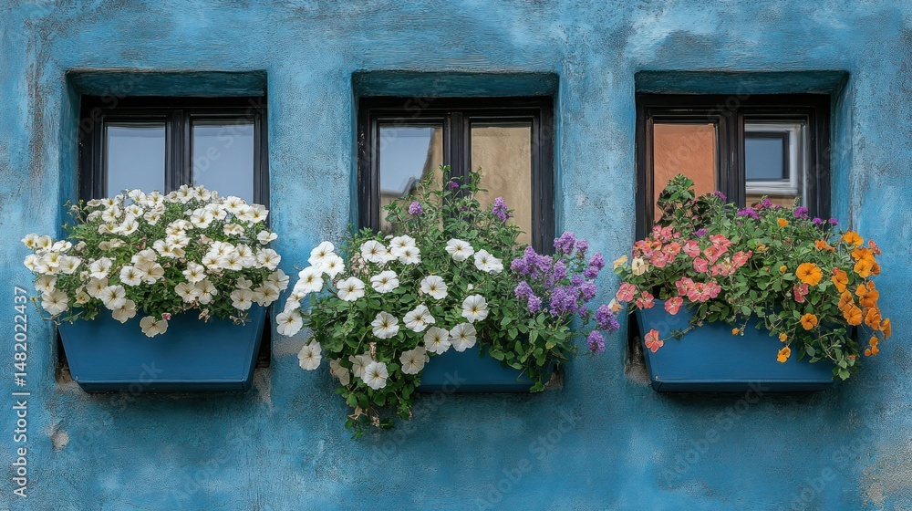 Fototapeta premium Vibrant flowers in blue window boxes adorn a textured blue wall