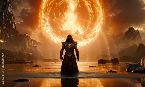 A mystical figure stands before a colossal glowing sun in a surreal landscape at dusk