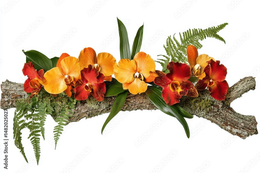Obraz premium Exotic orchids and ferns arranged on a rustic wood branch