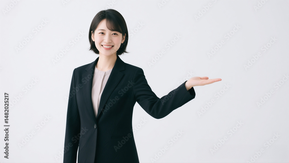 笑顔で何かを案内する日本人ビジネスウーマン 笑顔で何かを案内する日本人ビジネスウーマン