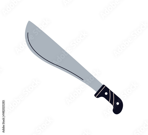 Machete, survival camping and hiking tool. Cutting accessory, travel gear with long wide metal blade for chopping. Jungle utility, knife. Flat graphic vector illustration isolated on white background