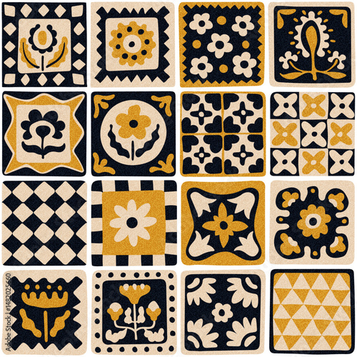 Seamless vector pattern with colorful vintage tiles featuring folk art flowers, shapes, and geometric motifs. Vector illustration.