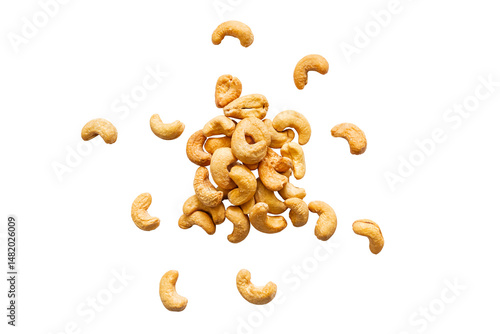 Pile roasted organic cashew isolated on a transparent background without shadow, top view, png