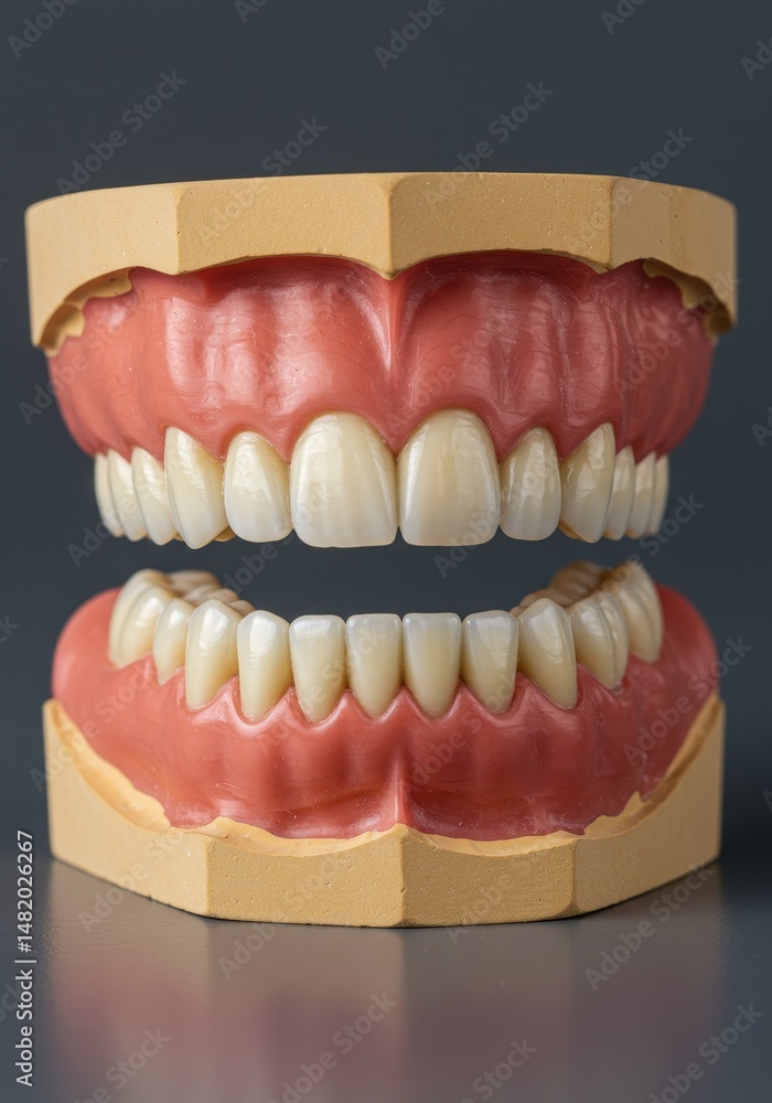 Obraz premium Dental Prosthetic: Realistic Dentures Model on Gray Background