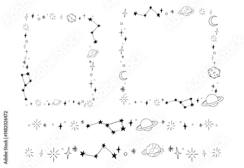 Celestial doodle border, falling star blink divider. Hand drawn ornament with stars, planets, meteorite and moon. Space magic simple decor.