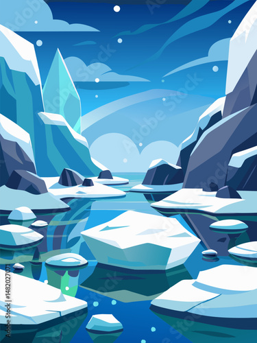 Majestic Arctic Landscape. Icy River and Glacial Mountains