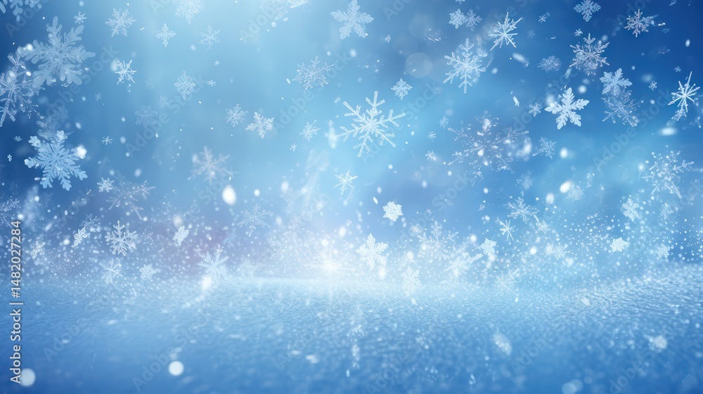 Obraz premium A serene winter landscape with snowflakes falling against a blue sky.