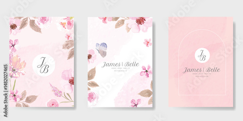 Elegant wedding invitation card background vector. Minimal hand painted watercolor botanical flowers texture template background. Design illustration for wedding, vip cover, poster, rsvp modern card.