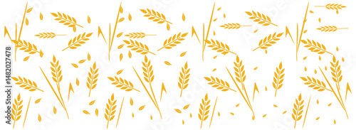 Wheat spikelets and grains, vector seamless pattern in flat style, isolated. Design of print, wrapping paper, packaging on theme of bakery products, flour, harvest, thanksgiving