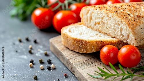 Bread with Tomatoes on Wooden Board