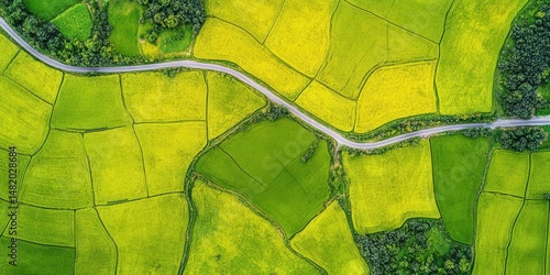 Aerial View Green Yellow Fields Rural Road Landscape Scenery Nature Agriculture Farmland Eco Top
