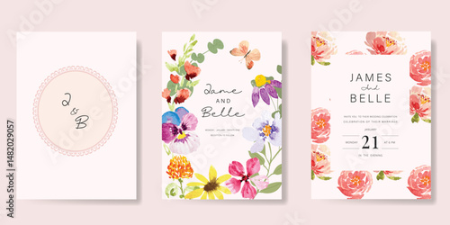 Elegant wedding invitation card background vector. Minimal hand painted watercolor botanical flowers texture template background. Design illustration for wedding, vip cover, poster, rsvp modern card.